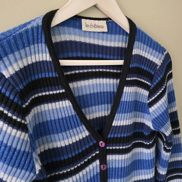 Le Chateau M Vintage Y2K Eclectic Coquette Striped Ribbed Knit Cardigan - Picture 7 of 12